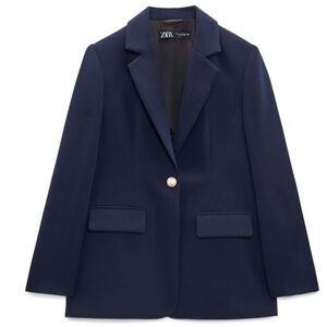 Zara‎ Kate Navy Blazer structured textured waffle gold button blazer sz L